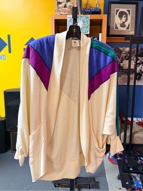 Vintage-Inspired Cream Open Cardigan with Blue & Purple Accents